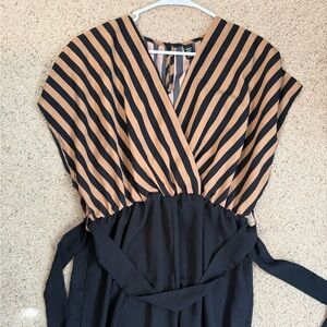 Striped Tan and Black Wrap Jumpsuit